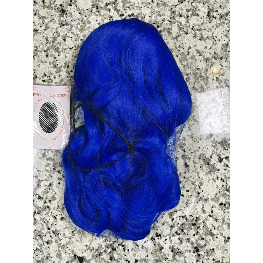 NOSTALGIA Dark Blue Wig with Bangs for Women, 26 Inch Wavy Synthetic Wig